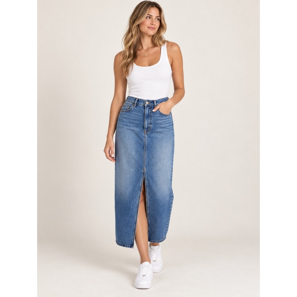 House of Harlow 1960 Denim Midi Skirt Blue Jean Front Slit Size 4